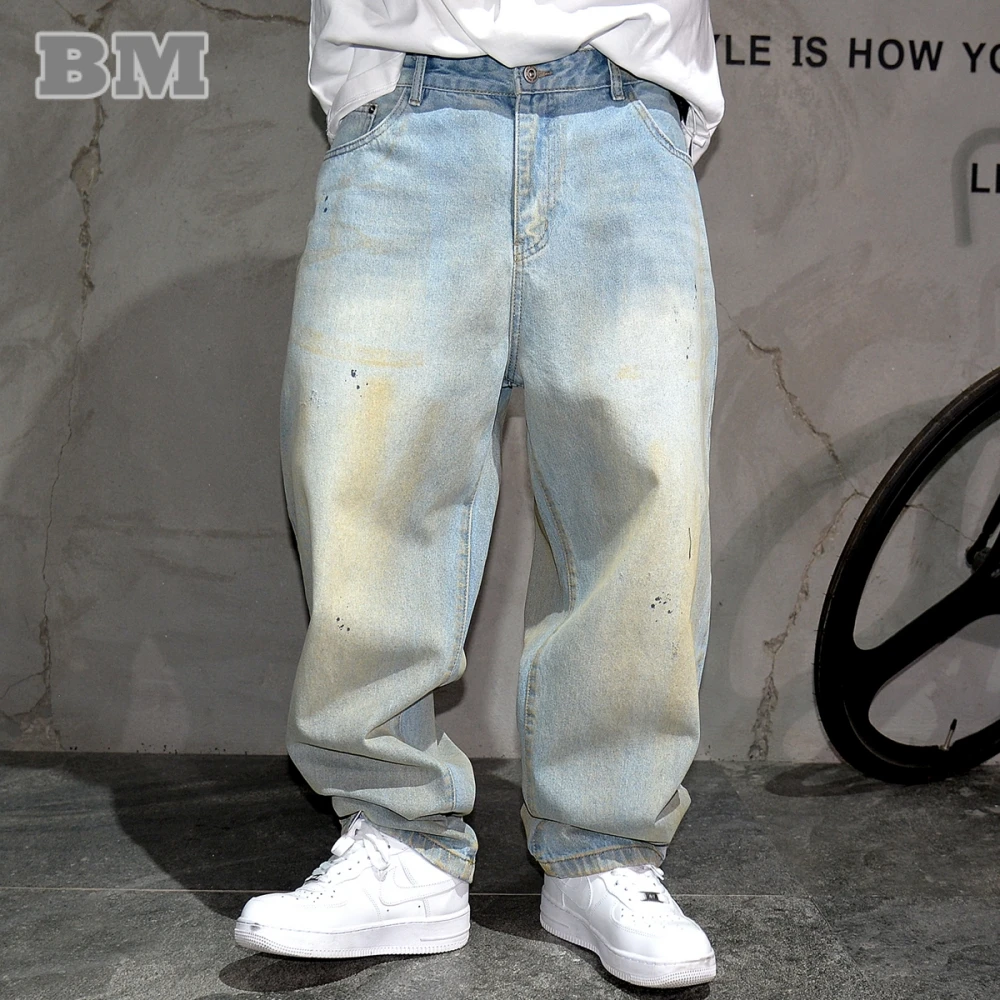 Japanese Streetwear Light Blue Cargo Jeans Men'S Clothing Harajuku Paint Point High Quality Denim Pants Korean Baggy Trousers