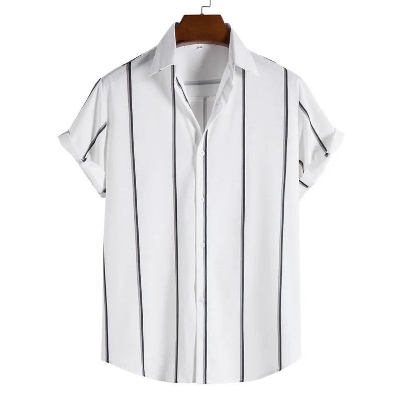 

Summer New Fashion Personality Simple Men's Turn-down Collar Single-breasted Printed Loose Sports Casual Striped Shirt
