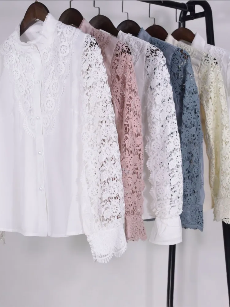 Women Sexy White Lace Patchwork Hollow Out Shirt Blouse Long Sleeve O-Neck Mesh Tops 2024 Spring Autumn Elegant Button Shirts