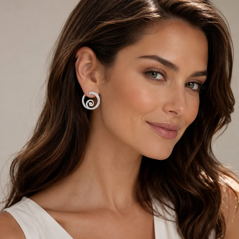 Round Wave with Stones Stud Earrings Europe Fine Jewerly For Women Brand New Trendy Summer Gift In Real 925 Sterling Silver