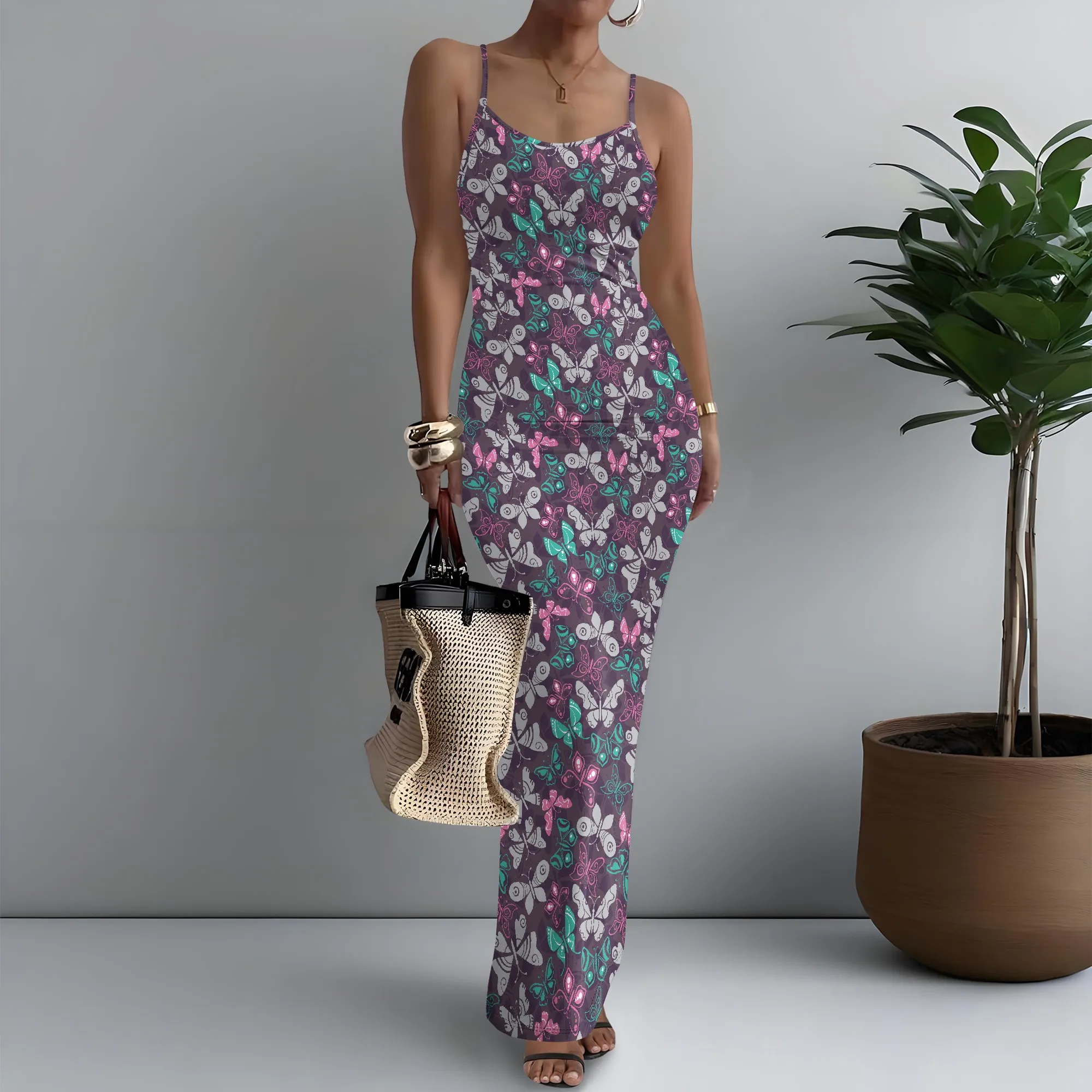 

Women's Spaghetti Strap Maxi Dress Girly Butterfly Print Adorable XS-3XL