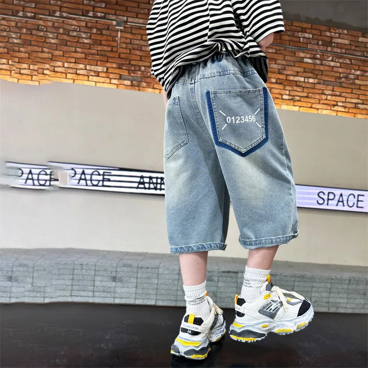 Teen Boys Shorts Jeans Children Baggy Fashion Straight Vintage Streetwear Denim 2024 Summer Loose Kids Denim Short Pants 10 12 Y