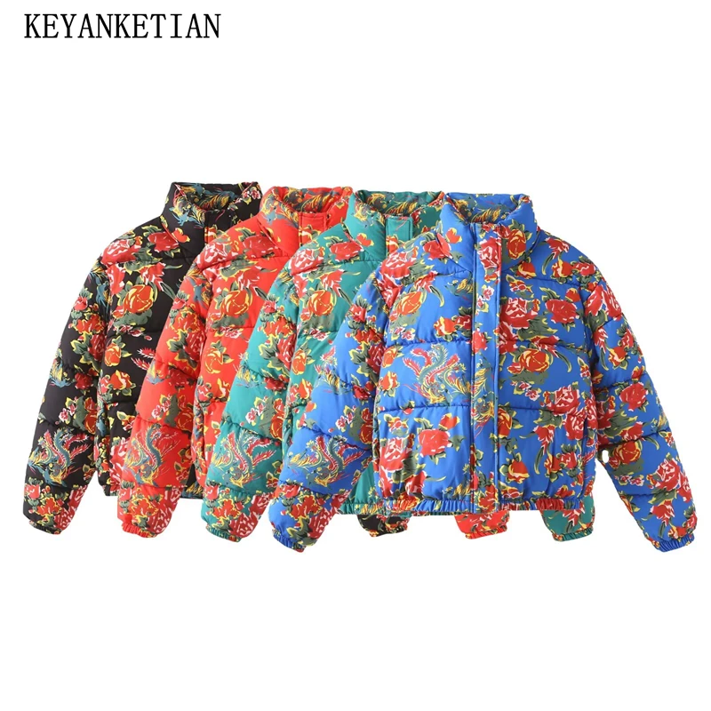 

KEYANKETIAN 2025 Winter New Ethnic style Flower Print Quilted Jacket Women's Stand collar Zipper Short cotton-padded clothes
