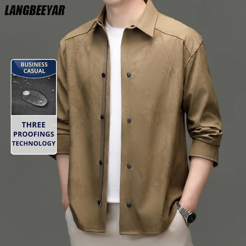 

High End Three Proof Technology Fabric Shacket Casual Fashion Outdoor Men Shirt Jacket Streetwear Windbreaker Coats