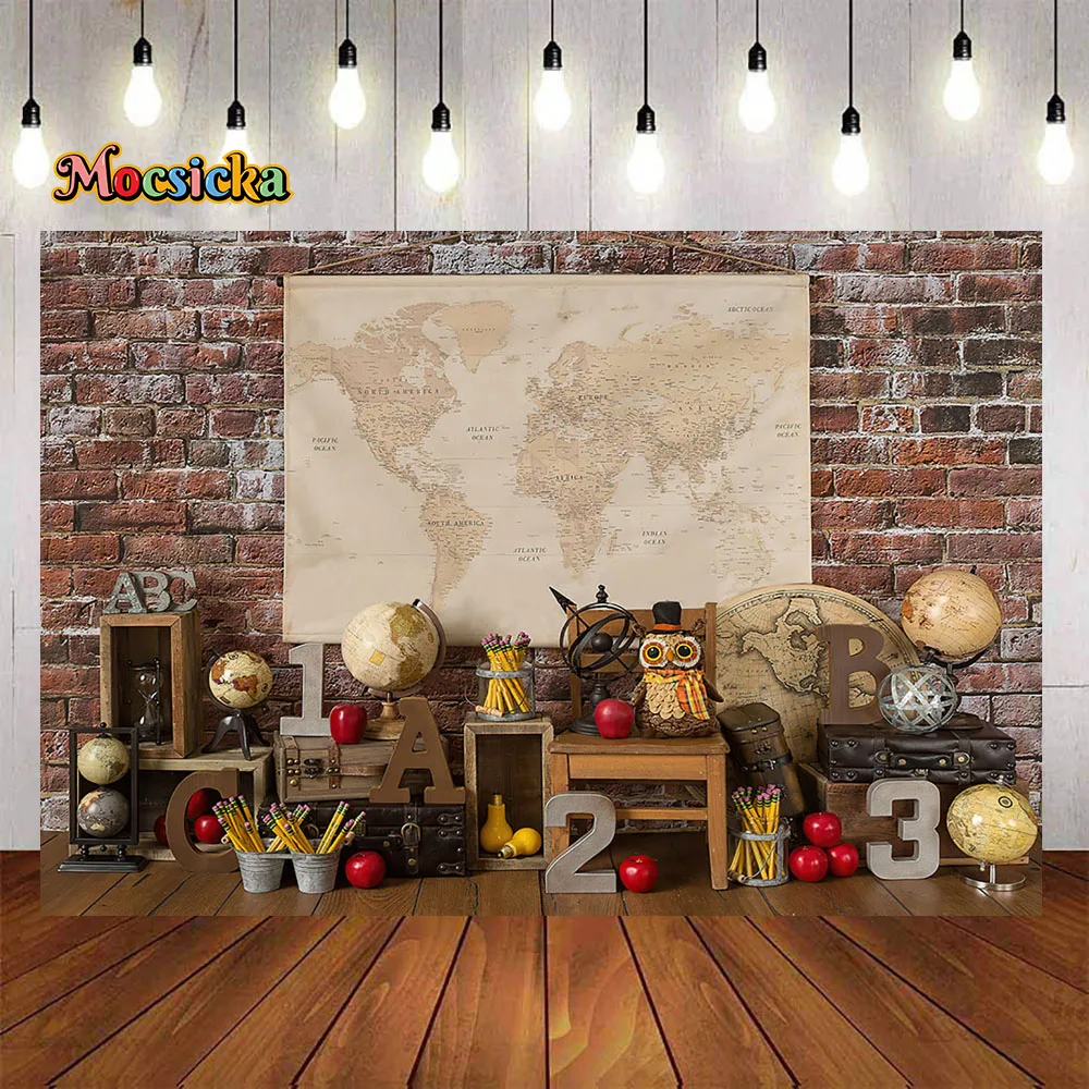 Toile de fond de photographie de thème d'anniversaire de magicien magique, fond de fête de retour à l'école, mur de briques rouges, décor de carte, bannière pour enfants, gâteau Smash