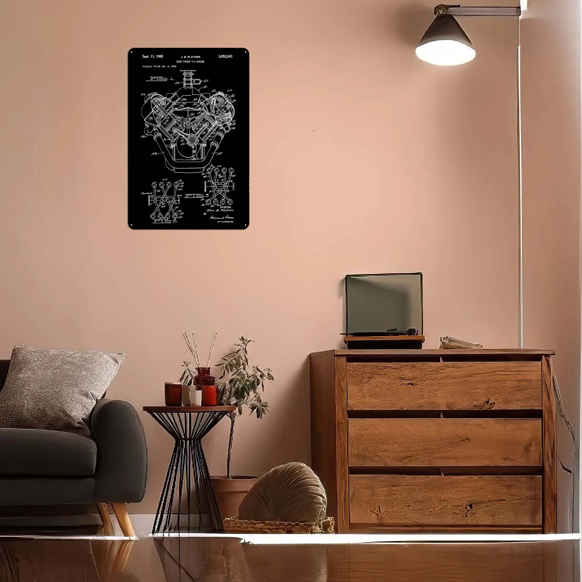 V8 Engine Patent Blueprint Metal Poster Vintage Metal Plate Wall Decor Living Room Decor Aesthetics Decoration for Home Tin Sign