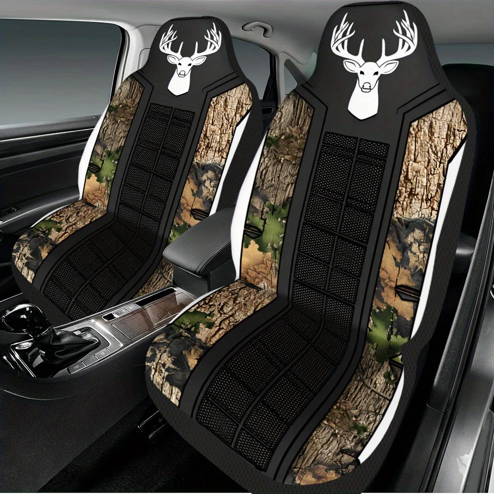 Universal 2pcs Hunting Camouflage With Deer Car Seat Covers For Men & Women, Front Seat Protectors That Fit All Cars, Trucks, Se
