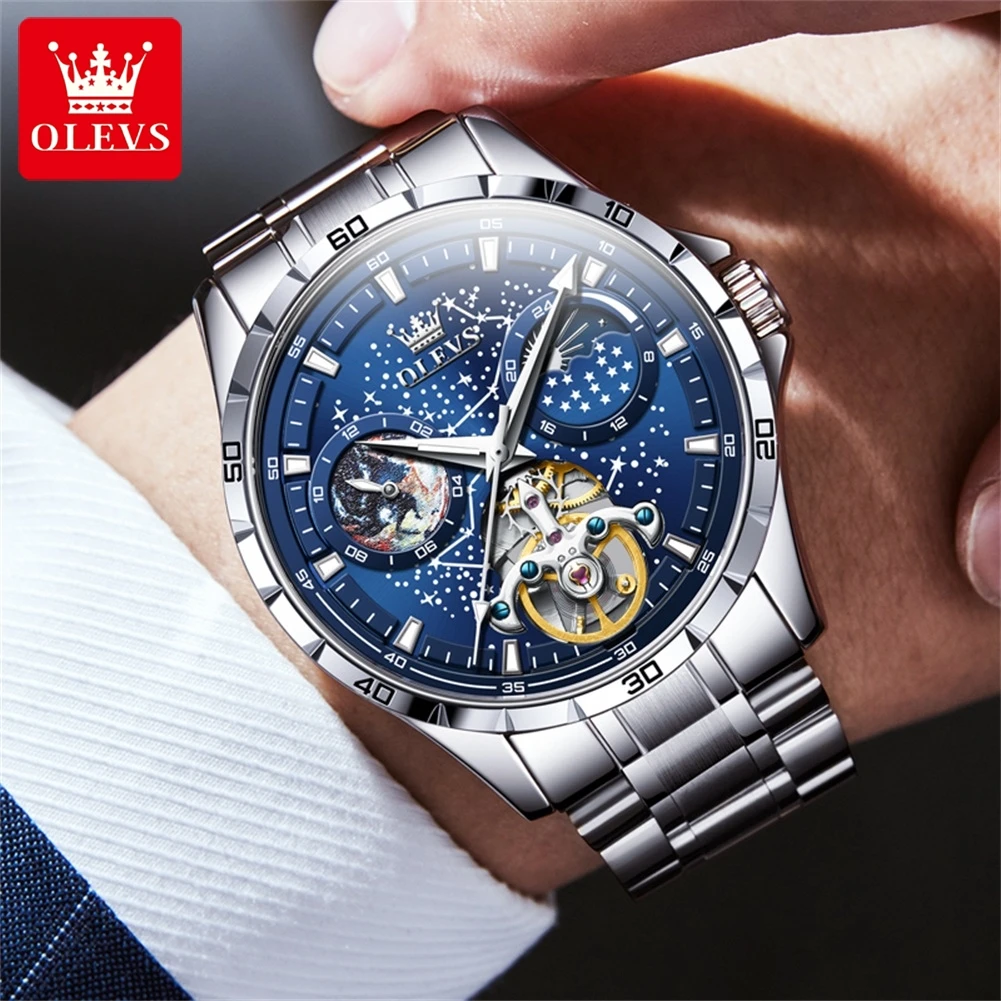 OLEVS Fashion Starry Sky Dial Mechanical Watch for Men Stainless Steel Waterproof Automatic Moon Phase Tourbillon Watches Mens