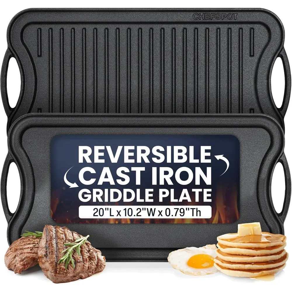 

20-сантиметровая двусторонняя чугунная сковорода-гриль с двумя конфорками, многофункциональная предварительно обработанная сковорода для блинов с ручками
