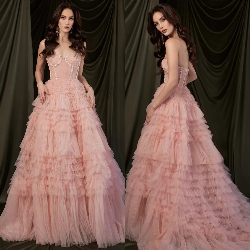 

Индивидуальные сетчатые плиссированные аппликации с вырезом в форме сердца, розовые длинные платья трапециевидной формы, вечернее платье на заказ, элегантное вечернее свадебное платье