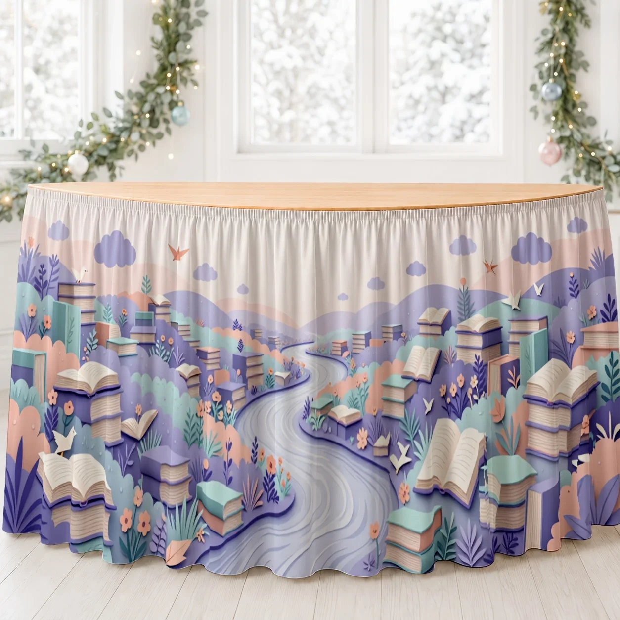 One table skirt book with a scenic print of the view, made of polyester, with an imaginative and dreamy pastel color.