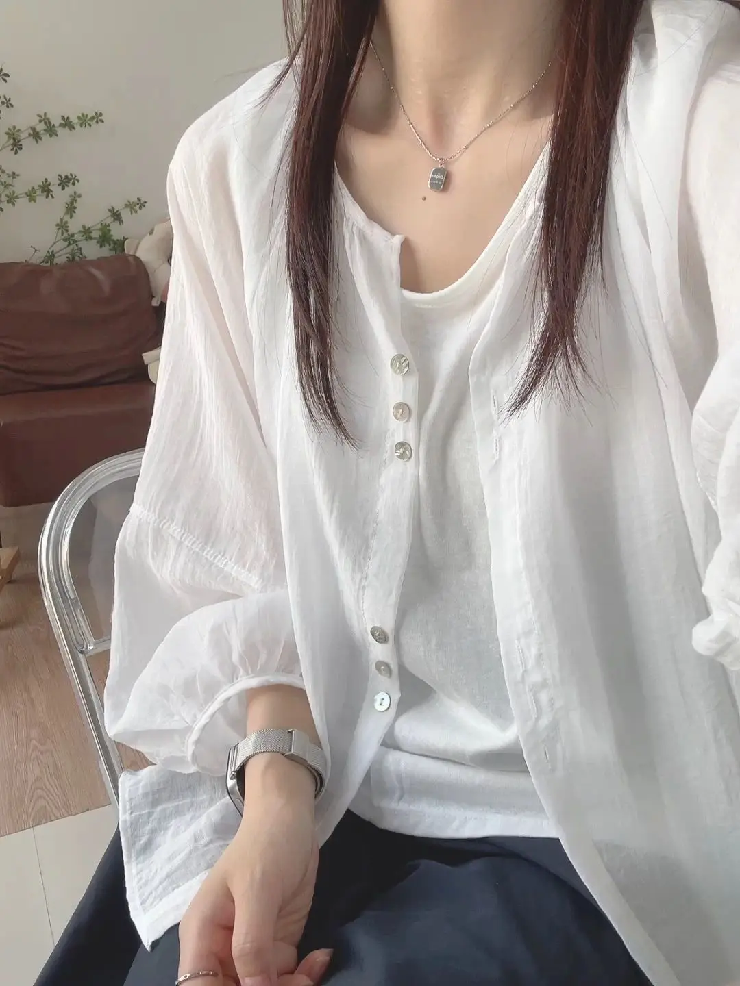 

Белая хлопково-льняная рубашка с рукавами-фонариками для защиты от солнца, женская летняя свободная тонкая накидка-кардиган, стильный топ