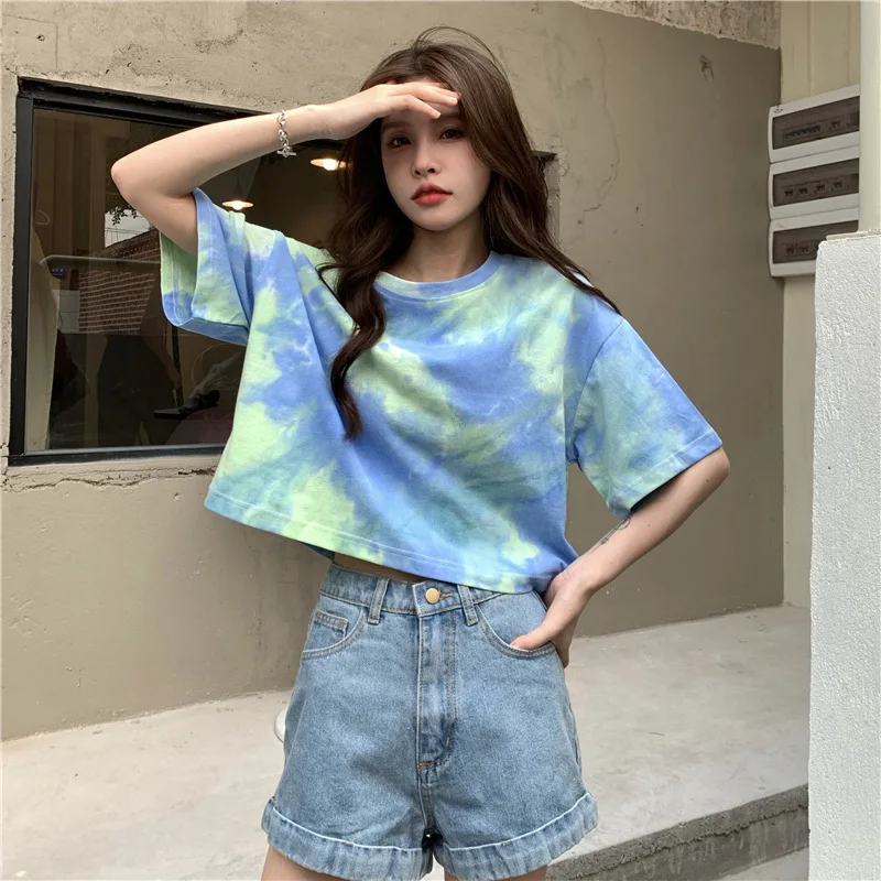 Summer Korean Fashion Y2K T-shirt Woman Japanese Tie-Dye INS Crop Top Women Sexy Vintage Tee Shirt Short Sleeve Clothes