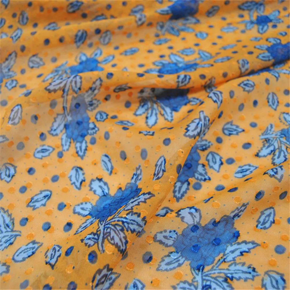 

Fashionable Style Yellow Ground Blue Small Floral with Great Quality Silk Burn Out Fabric for Spring Nice Dress