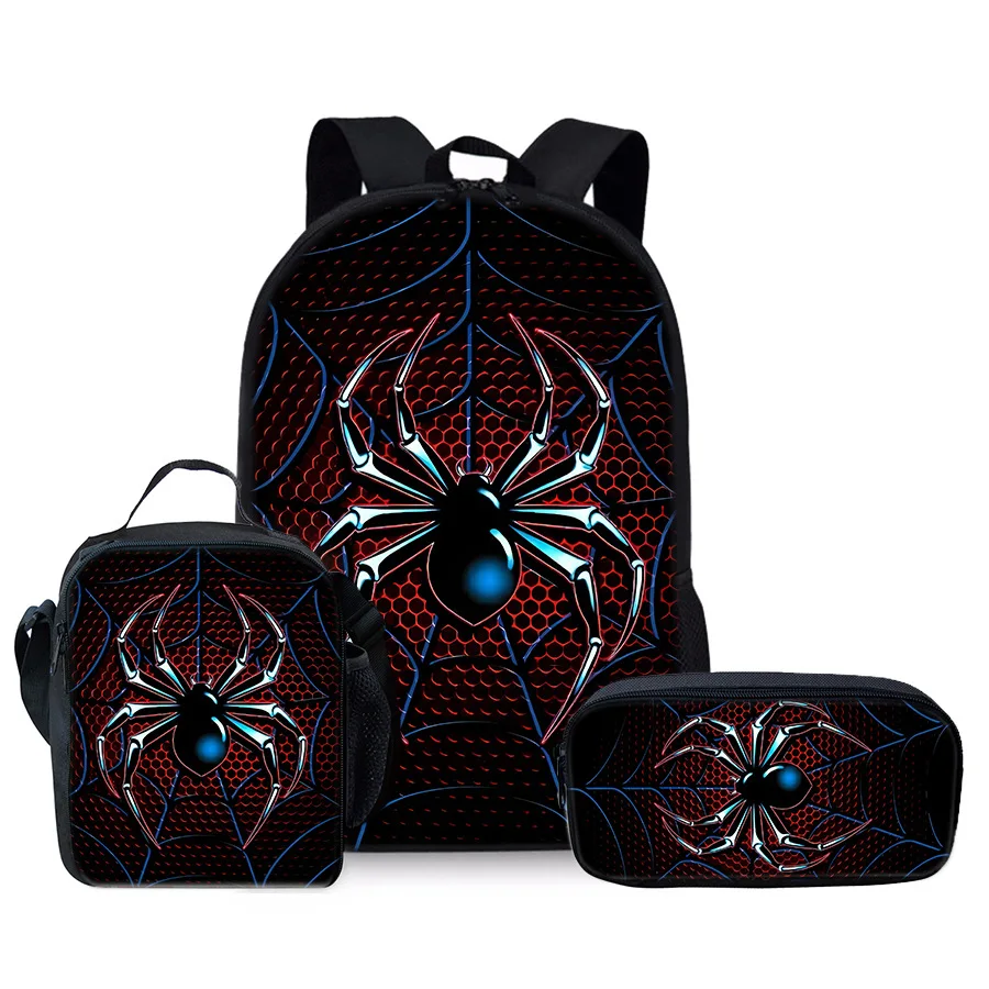 Classic Popular Novelty spider 3D Print 3pcs/Set Student School Bags Laptop Daypack Backpack Crossbody Lunch bag Pencil Case