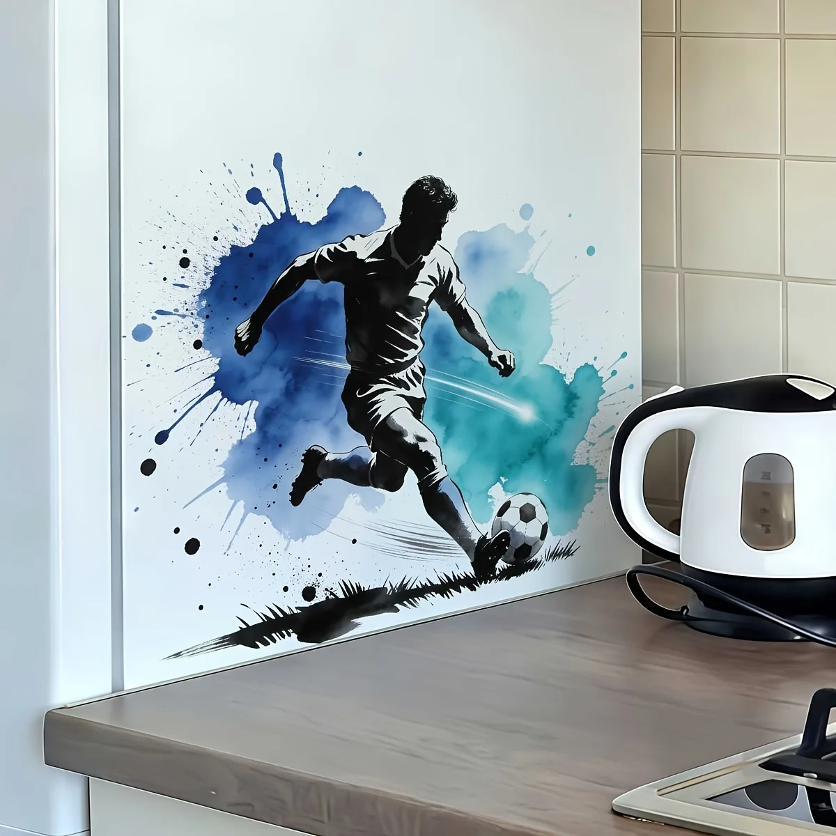 1Pc 2D Ink‑Splash Soccer Player Wall Decal Premium Double‑Sided Viewable PVC Removable No Residue Home Decor