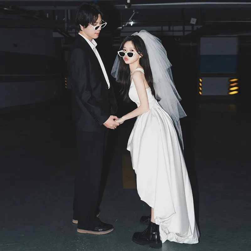 GIYSILE Abiti da sera eleganti senza maniche in raso corto semplice bianco da sposa leggero con scollo quadrato alla moda personalizzato