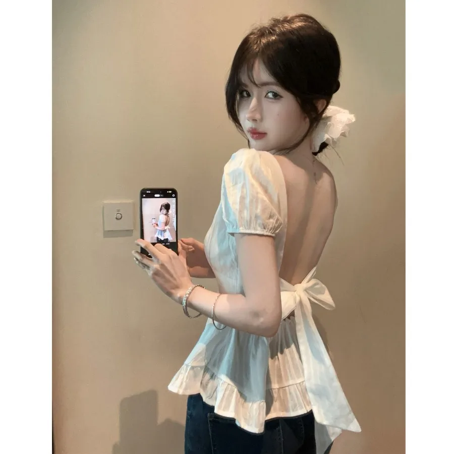 

Design Sensation Pure Desire Bubble Sleeve Square Collar Waist Cinched Hollow out Back Tie Knot Top Women's Shirt