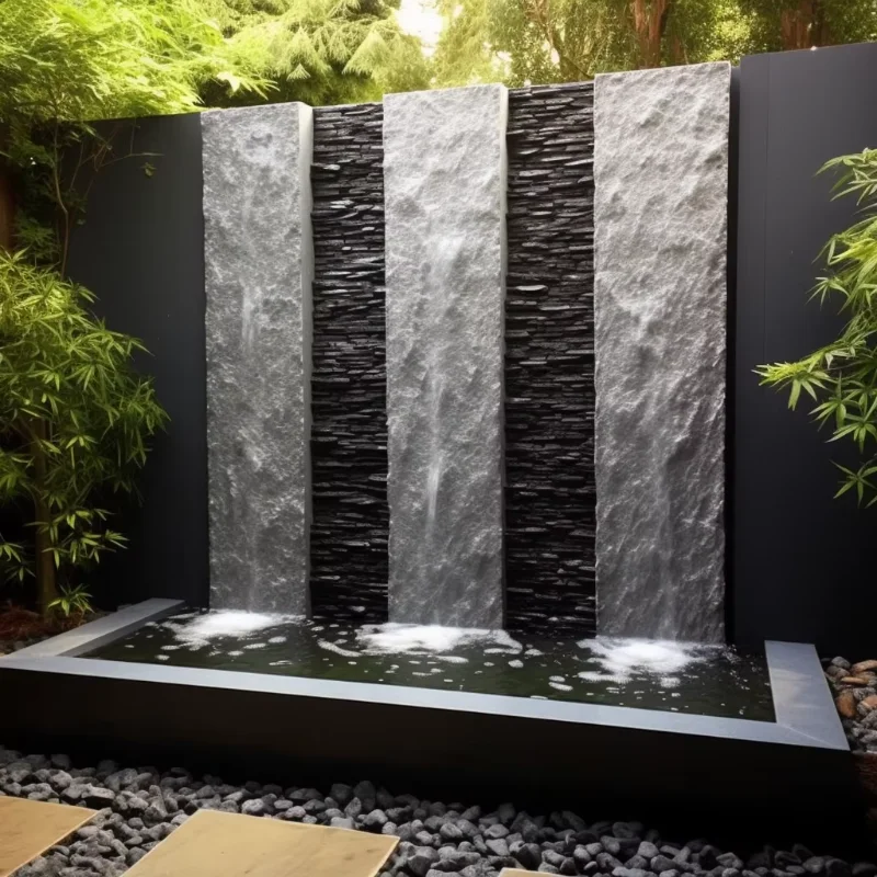 تتميز ديكور داخلي خارجي للمنزل والحديقة، نافورة شلال جدارية كبيرة وحديثة من الجرانيت الأسود