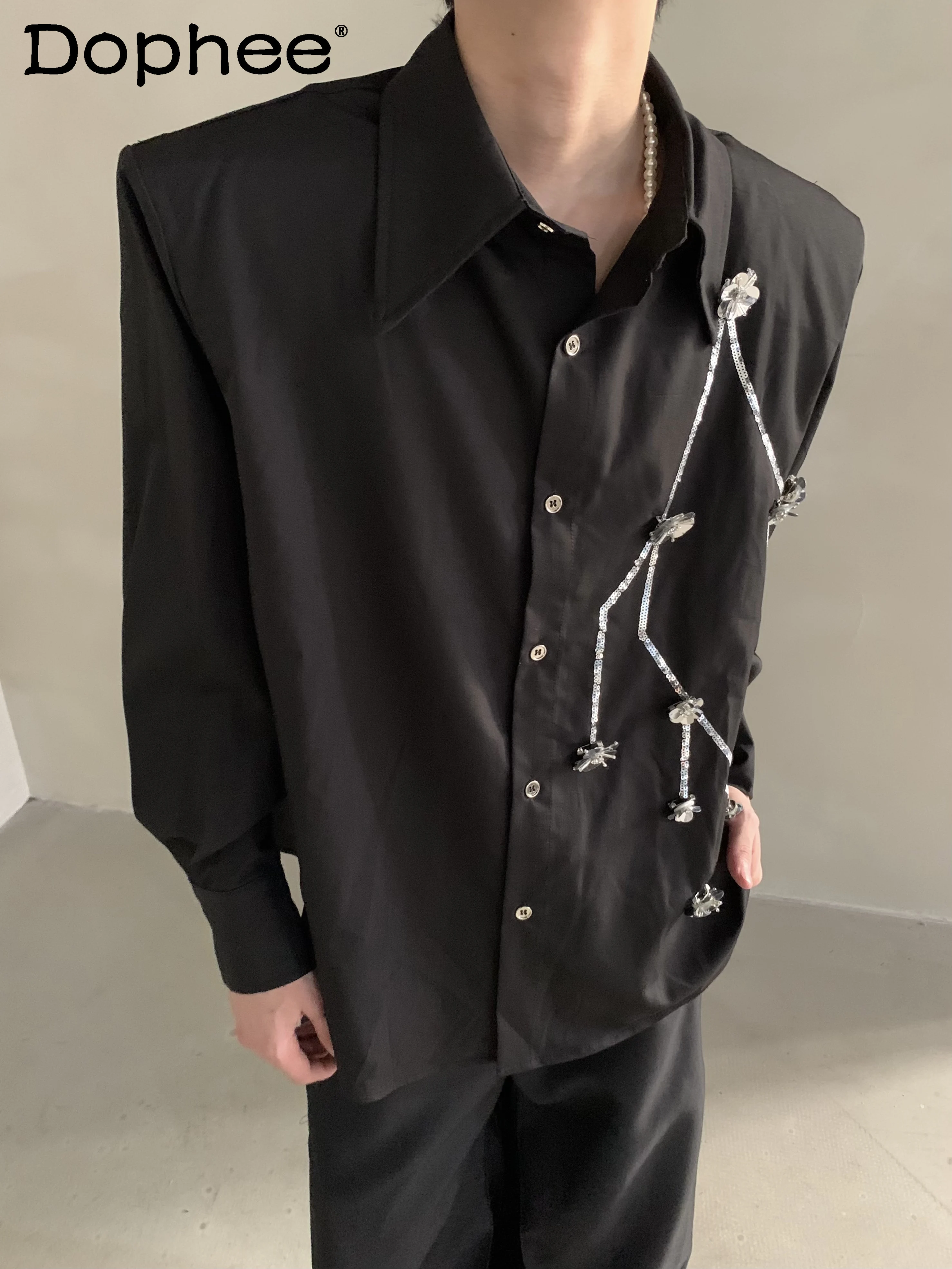 

2025 Fashion Trend Light Luxury High-End Three-Dimensional Bead Flower Long Sleeve Shirt Handsome Loose Casual Shirt for Men