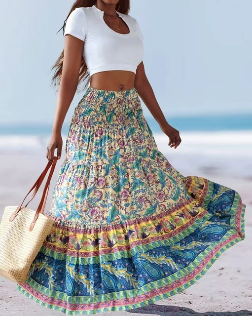 Falda larga con estampado bohemio para mujer, falda informal Retro estilo de vacaciones, cintura elástica, corte en A, dobladillo grande, primavera 2025, novedad de verano