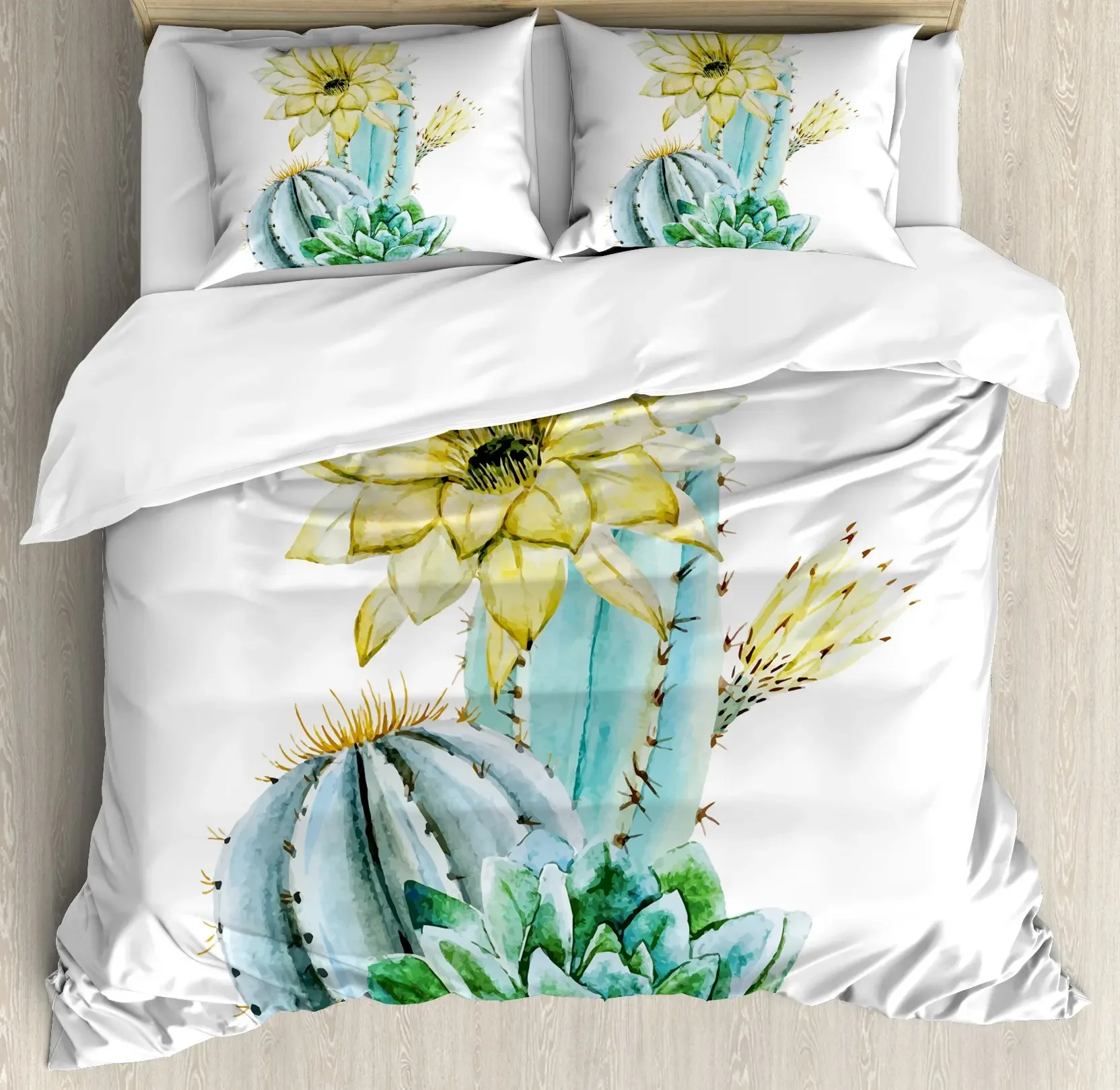 Cactus Duvet Cover Set Full Size Geometric Succulents Pattern Luxury Bedding Set Comforter Cover 1 Duvet Cover and 2 Pillowcases