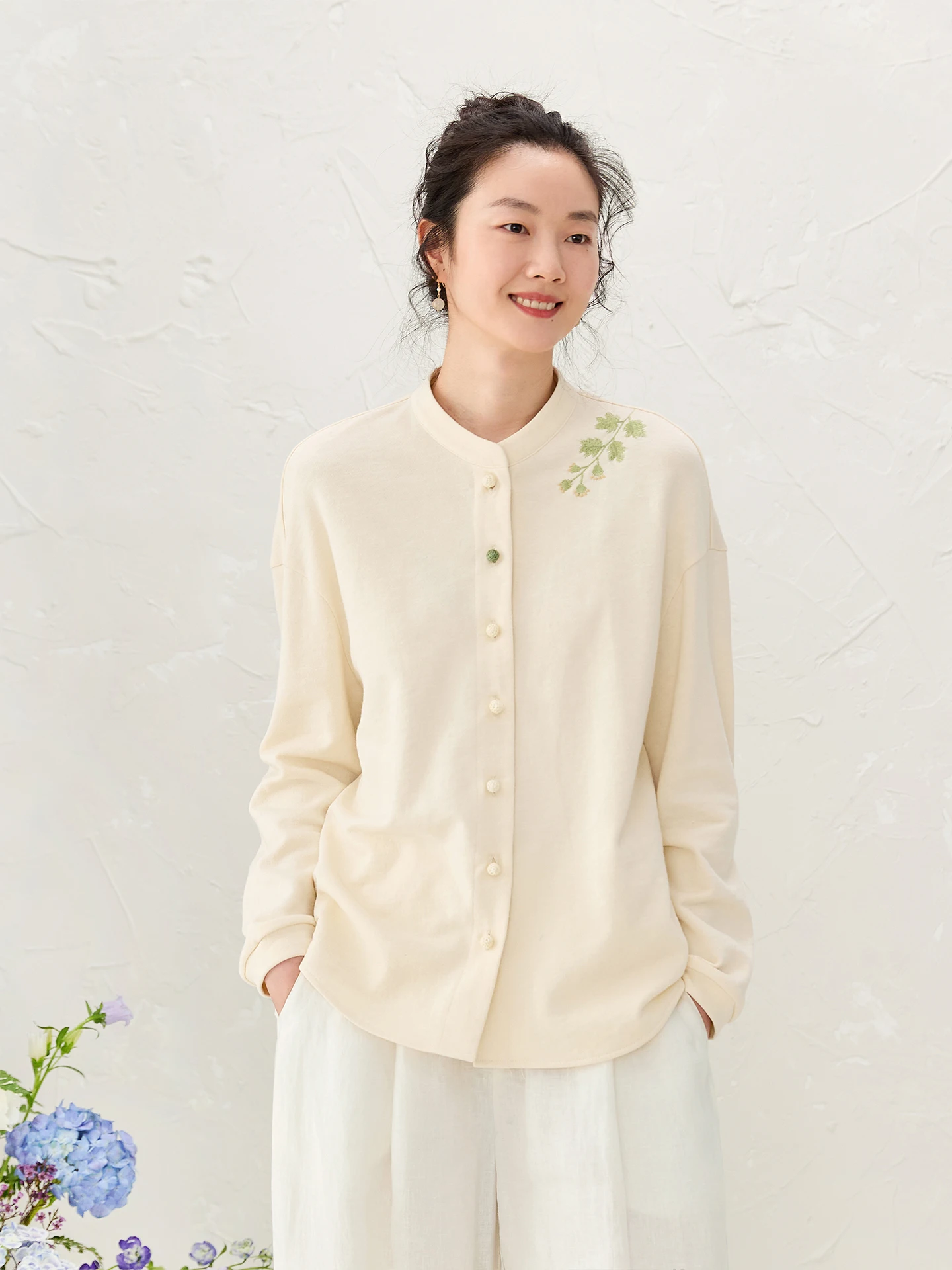 

Ru Chinese Sle Knitted Embroidered Long Sve Stand Collar Cotton Spring Outerwear Soft Cozy Open Cardigan Women's Top