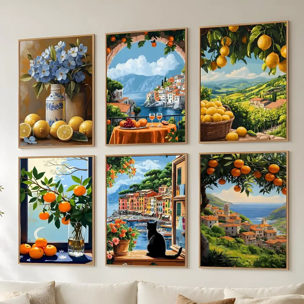 Colorful Lemon Tree Botanical Art Poster Wall Stickers Self Adhesive Painting Art Decals for Bedroom Living Room Home Decor
