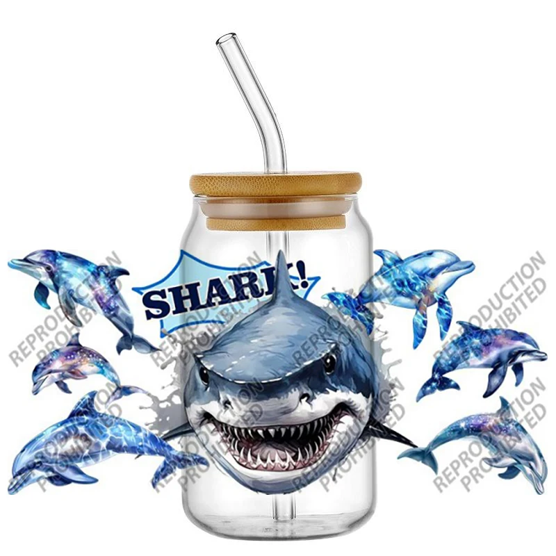 Cartoon shark design UV DTF 3D Sticker for 16oz Libbey Cup Waterproof Anti Scratch Self Adhesive Cup Wraps Tea Cup Design
