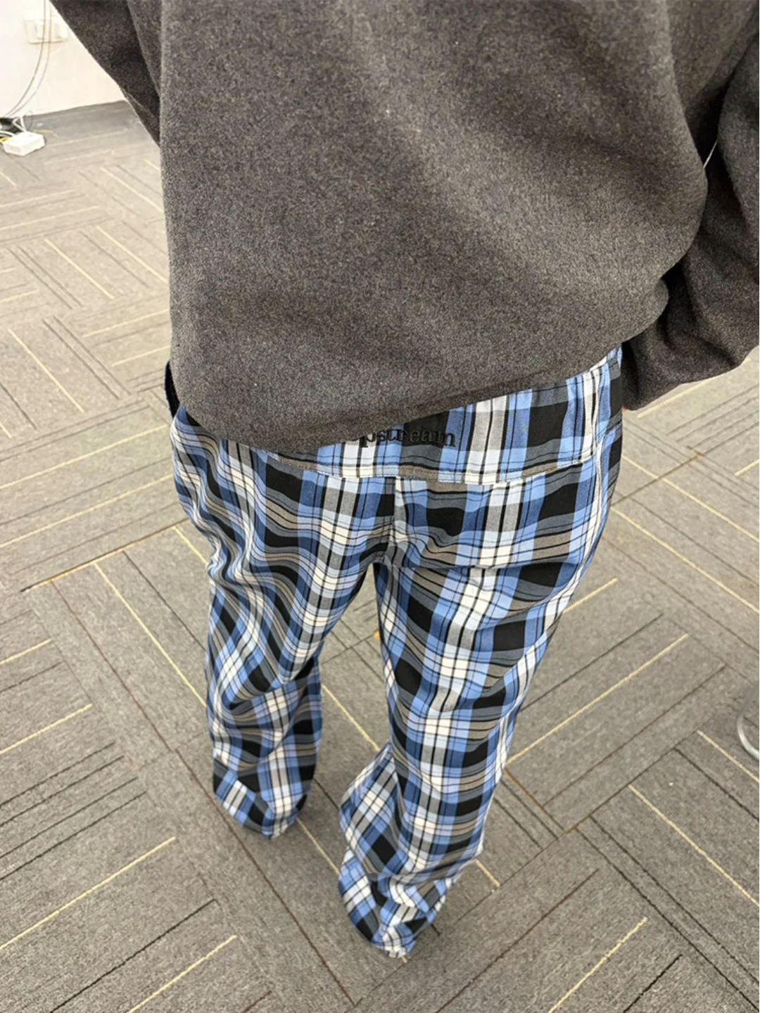 Blue Embroidered Plaid Pants Men's Summer Thin American High Street Straight Leg Micro Flare Knife Ice Silk Casual Pants
