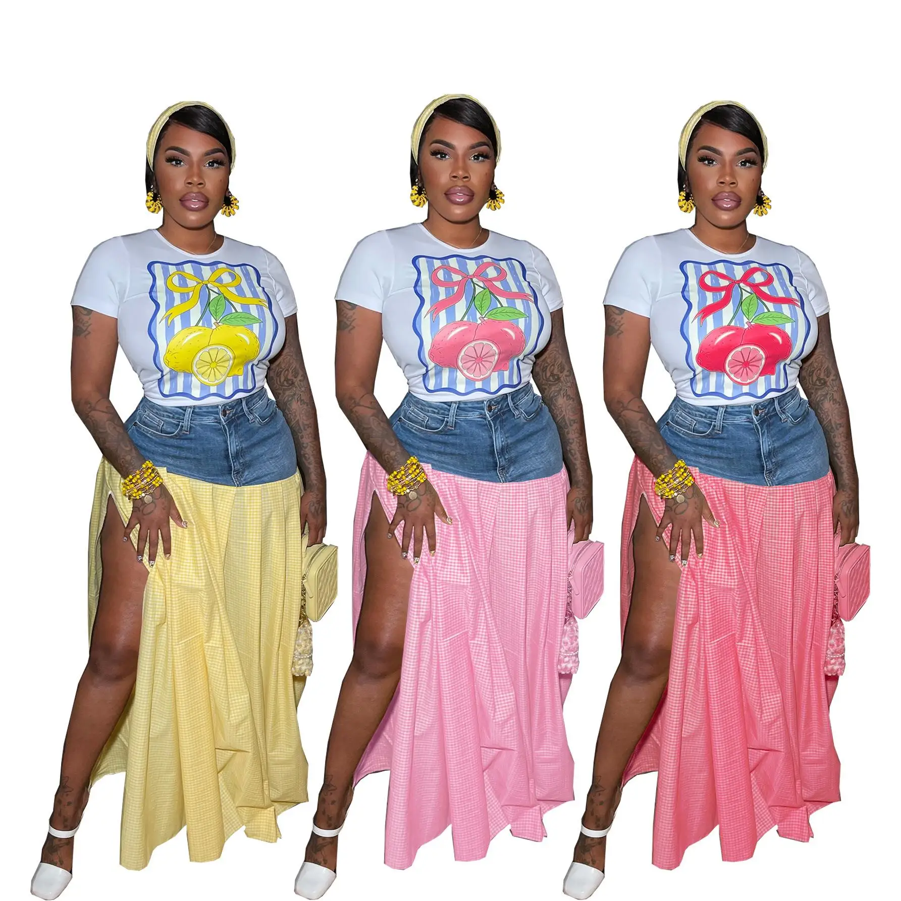

Women's Cowboy Splicing High Waist Split Grid T-shirt Sweet Style Three-piece Set Summer Fashion Casual Sweet Wind