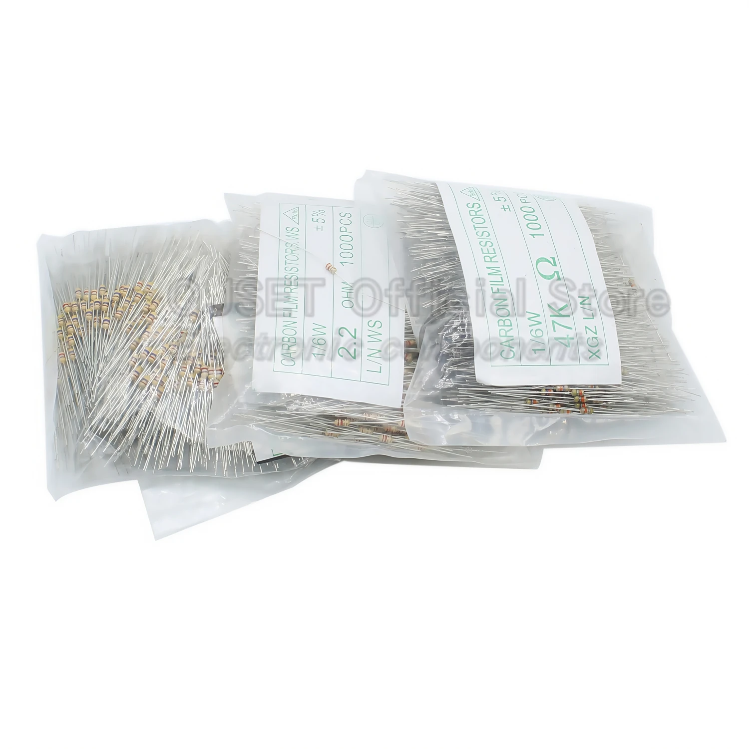 ตัวต้านทานฟิล์มคาร์บอน 1000 ชิ้น 1/8W 1/6W ความละเอียด 5% 0.125W 1K 4.7K 10K 22K 47K 100k 200k 220k 510k 470K 1M โอห์ม 10 100 200 220 330 470 โอห์ม