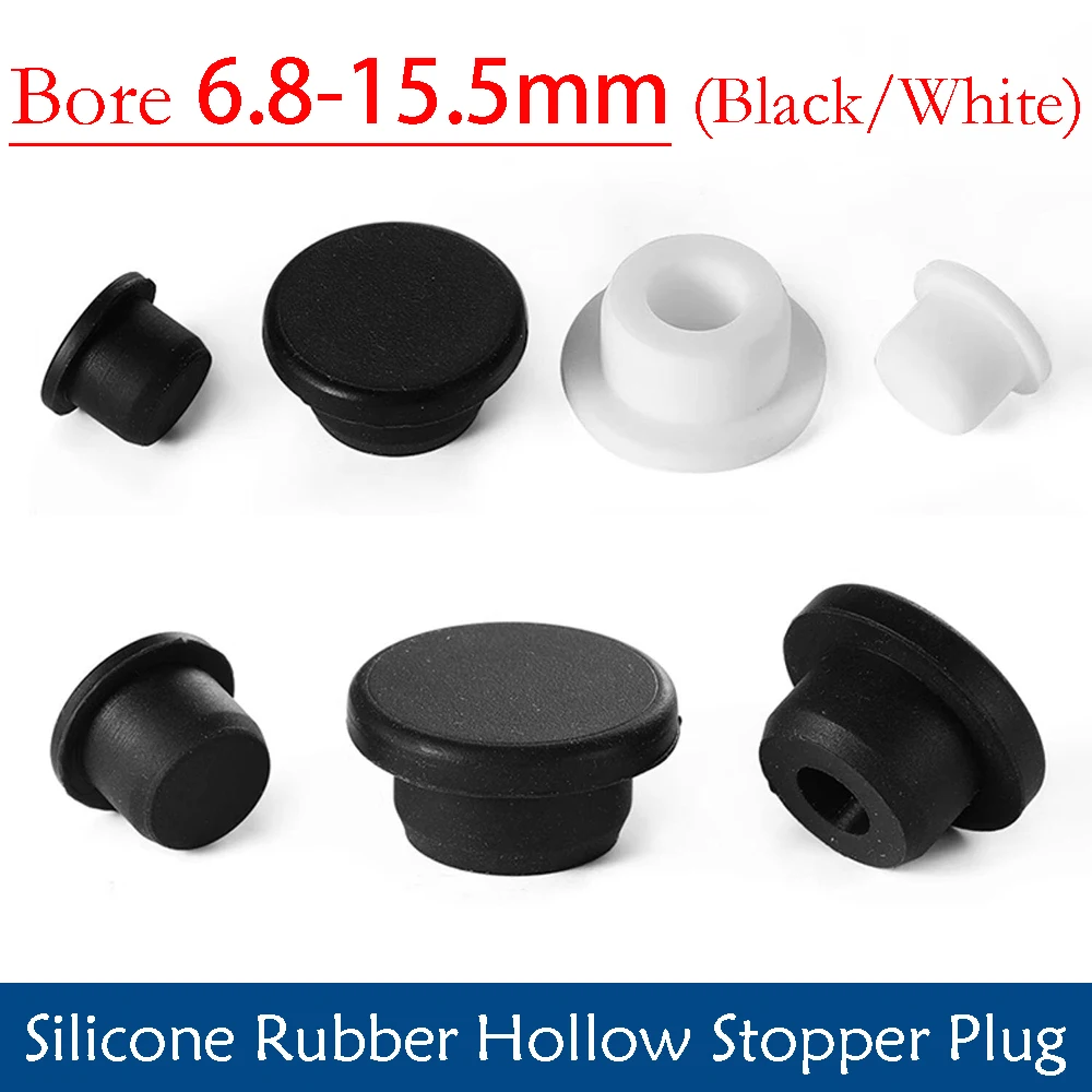 Bore 6.8-15.5mm Black/White Silicone Rubber Seal Hole Plugs Hollow Blanking End Cap Dustproof Plug Pipe Inserts T Type Stopper