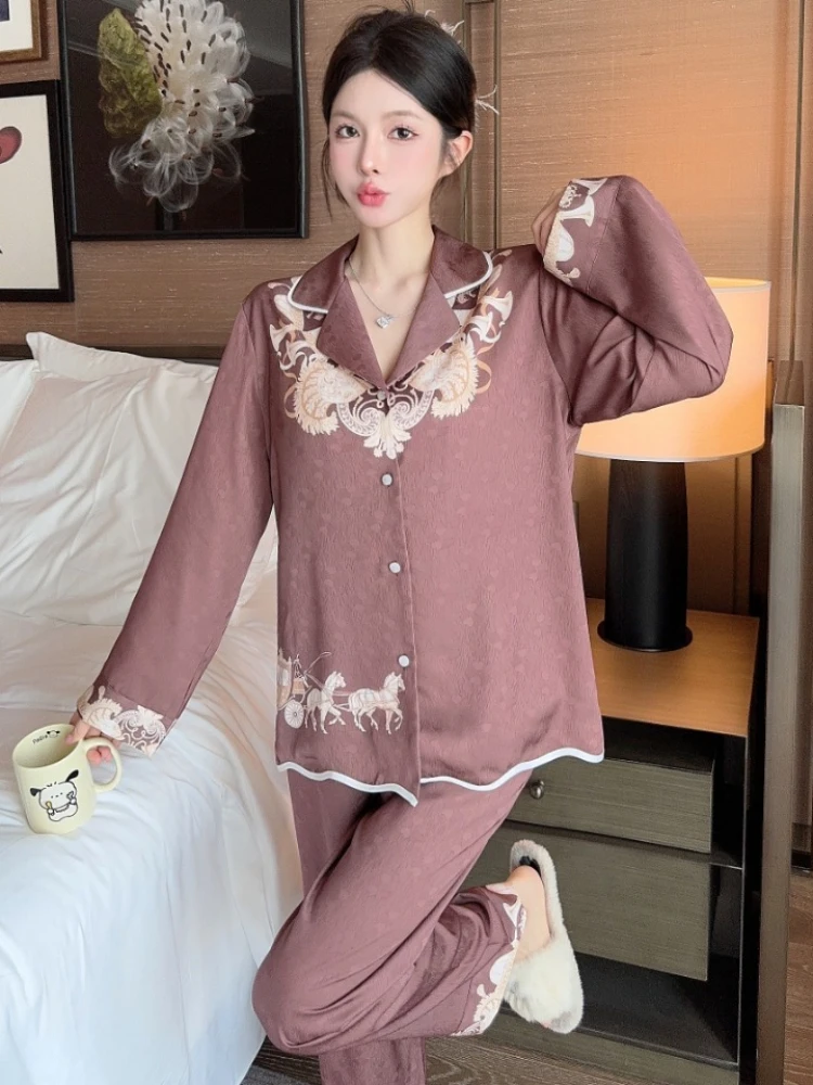 2024 Spring New Ice Silk Pajamas Women\'s Retro Chinese Style Long Sleeved Long Pants 2-Piece Set Light Luxury Home Clothing