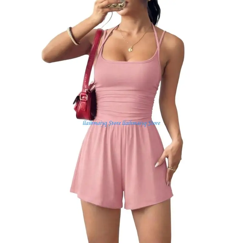 573B Loose Fit Sleeveless Jumpsuit for Women Wide Leg Summer Casual with Pockets