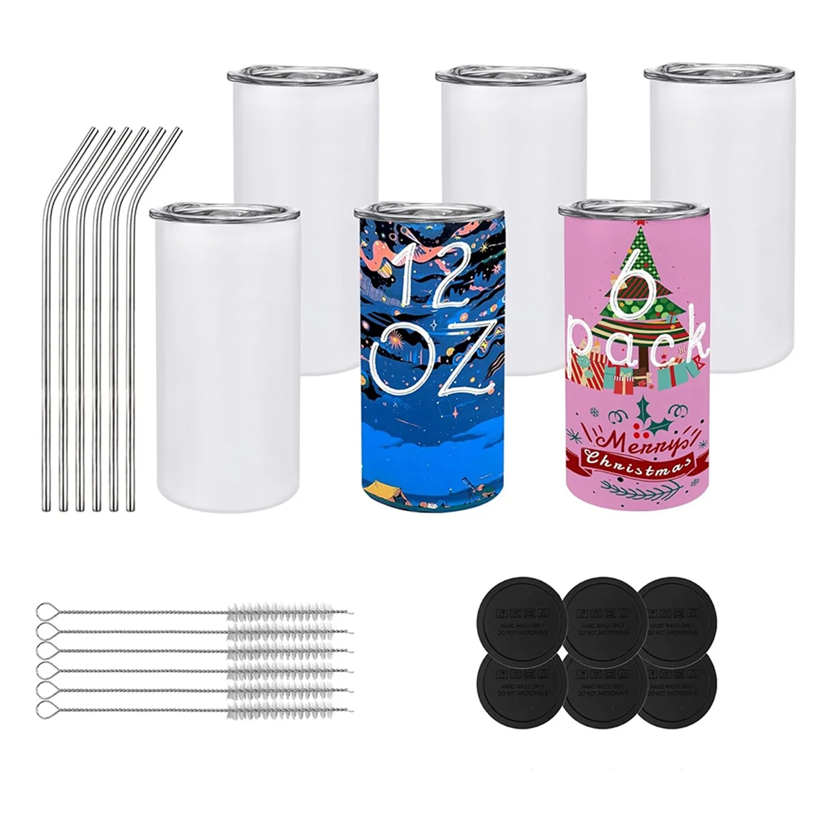 Paquete de 6 vasos sublimados de 12 Oz, botellas de agua de acero inoxidable aisladas con tapas y pajitas para bricolaje