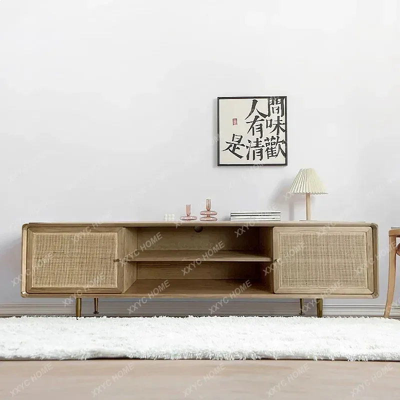 XX Creative Solid Wood TV Stand Japanese Rattan Woven Simple Small Apartment Floor Cabinet