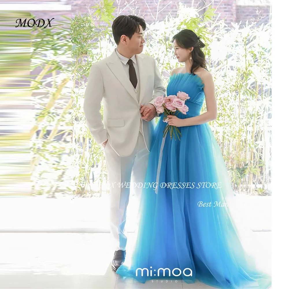 MODX Elegant Blue Tulle A-Line Wedding Dresses Korea Photo shoot Strapless Floor Length Garden Bridal Gowns Evening Party