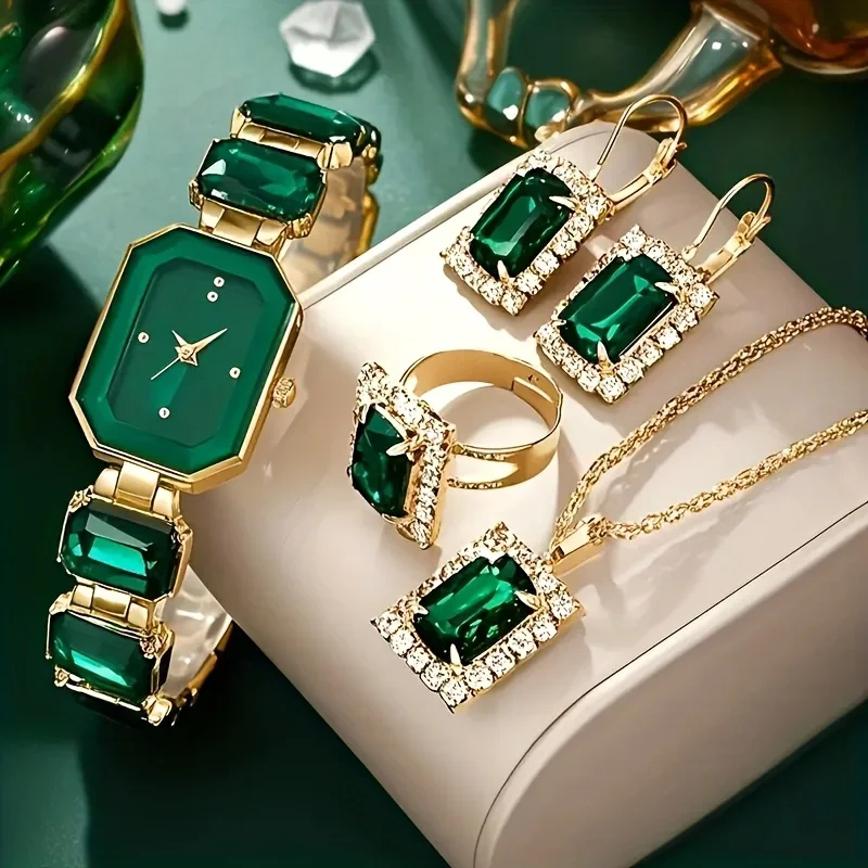 5piece luxury green and gold women's jewelry set, including a square watch - Bohemian/Graceful earrings, rings, necklaces