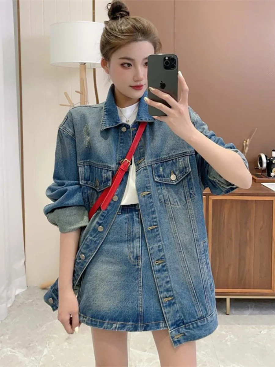 

Faionable ort Skirt Set Spring Season Hong Kong Sle Retro Sweet Spicy High-End Feeling Women's Small Size Denim Jaet ...