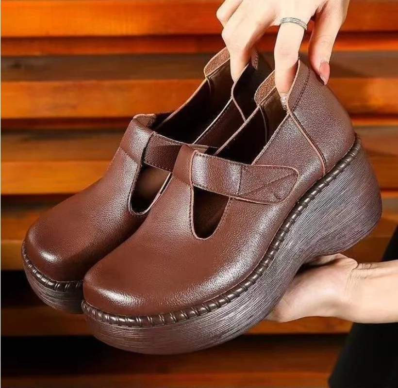 

Handmade Retro Style Women Platform Shoes Spring Summer PU Leather Wedges Heel Shallow Casual Shoes
