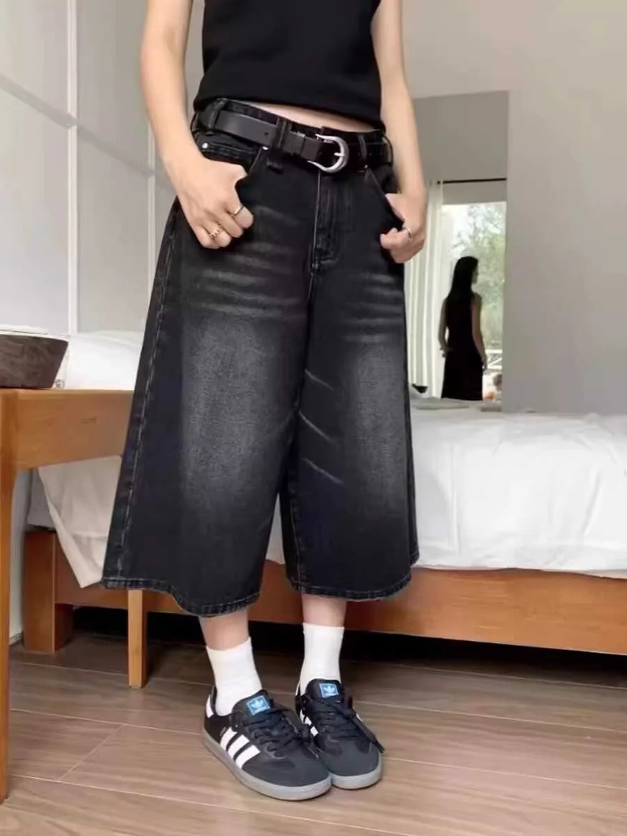 

High Waist Wide Leg Black Denim Shorts American Style Summer Jeans Pants for Women Straight Cut Loose Fit Retro Versatile