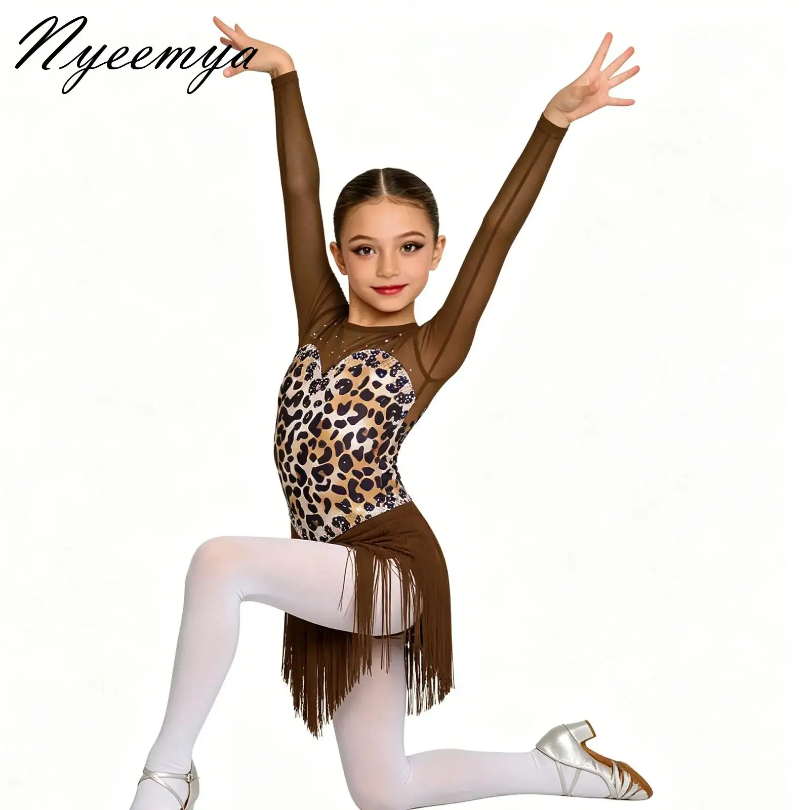 

Leopard Print Cha Cha Rumba Latin Dance Costume Girls Tango Dance Dresses Girl Performance Suit Kids Latin Practice Clothes