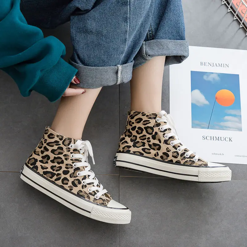 Women\'s Canvas Shoes Summer Leopard Print Lace-up Flats Casual Shoes Lady Autumn High-Top Vulcanized Shoe Non-Slip Sneakers