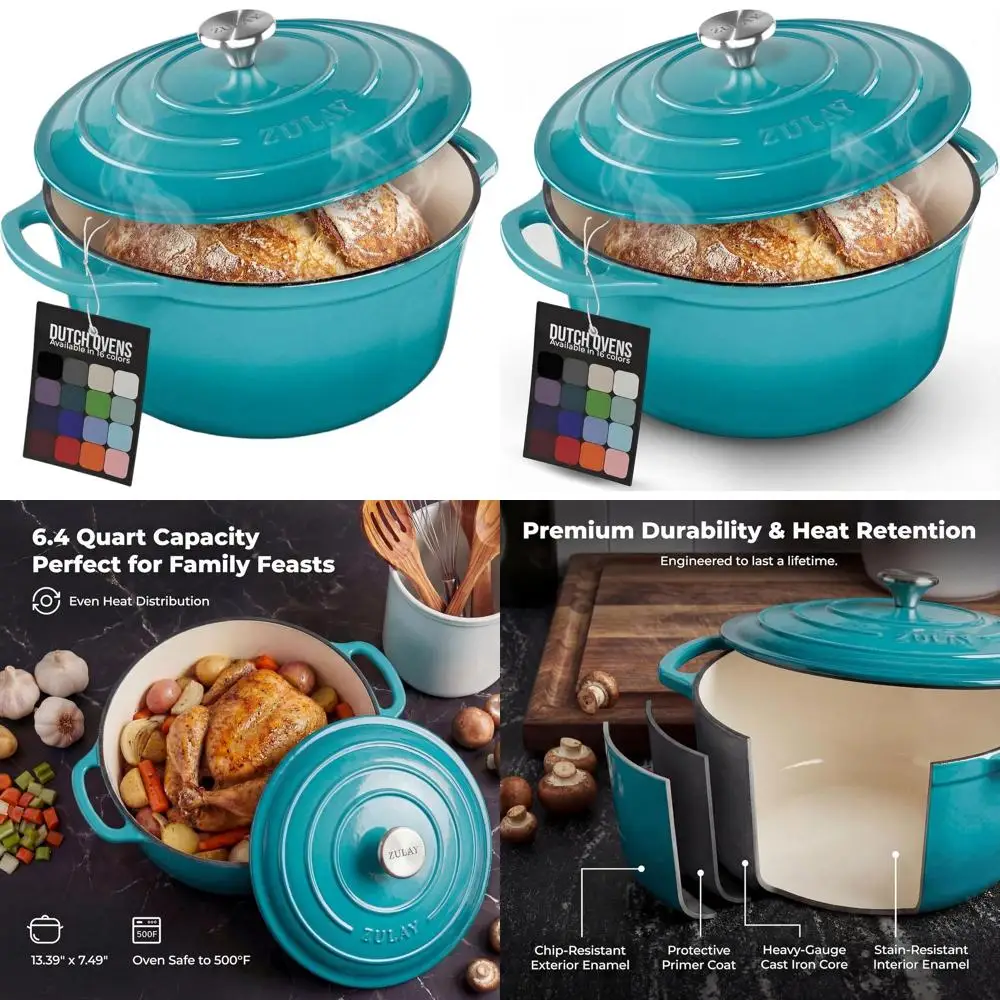 

6-Quart Light Blue Enamel Cast Iron Dutch Oven with Lid - Durable, Oven-Safe up to 500°F, Ideal for Bread Baking, Stews, Braisin