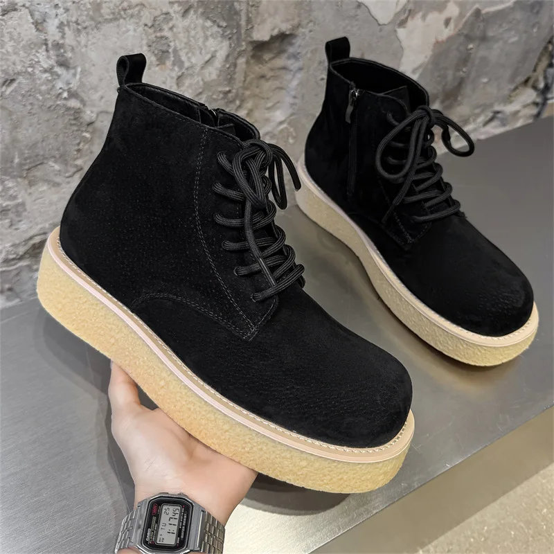 

British style mens casual cow suede leather boots lace-up platform shoes outdoors cowboy spring autumn boot cool ankle botas man