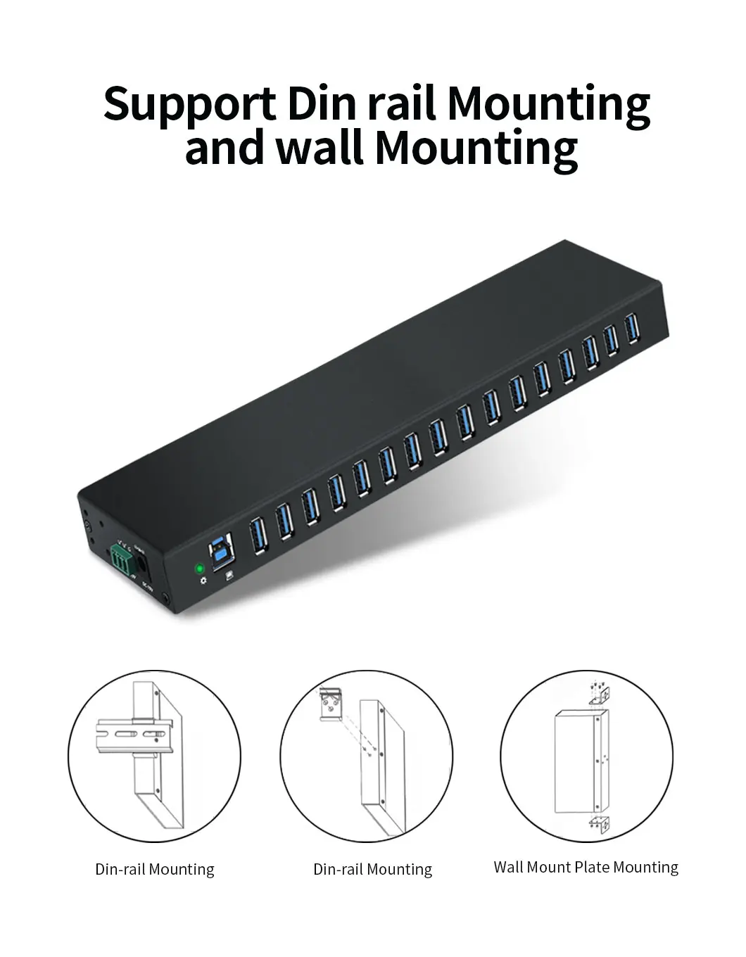 16 Port USB 3.0 Hub 5Gbps High Speed Transmission Case USB-A for PC/Laptop Data Transfer and Power Supply