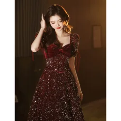 Burgundy Evening Dress 2023 Women's Gorgeous Velvet Bow Princess Sleeves Open Back Tie Wedding Party Gown Luxury Prom Vestido