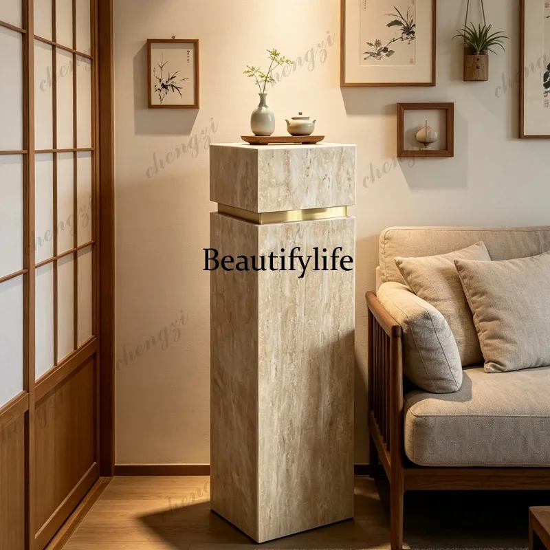 High-grade natural travertine floor display table, ancient style living room entrance column base decoration