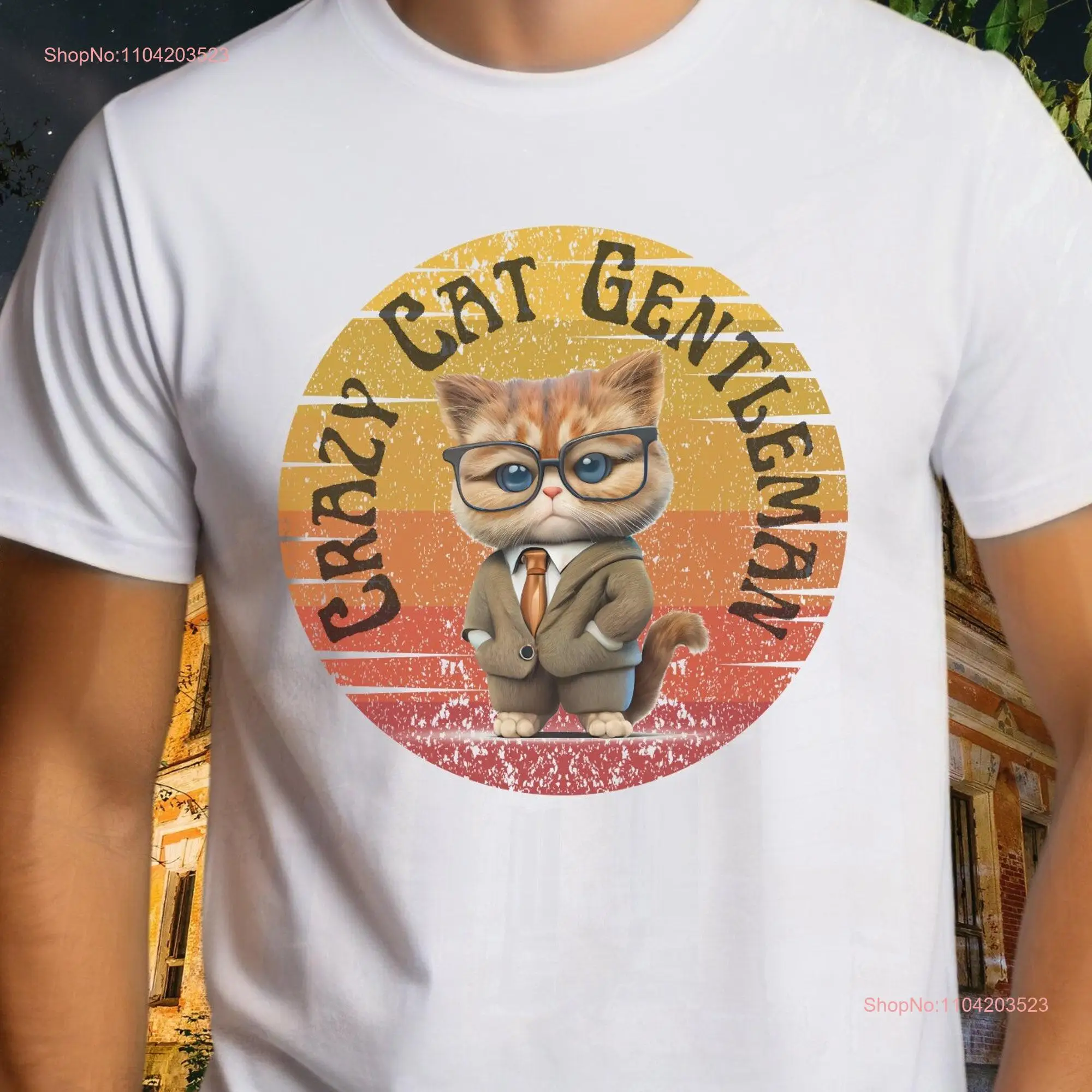 Crazy Cat Gentleman T Shirt Funny Grungy SunseT Lovers for Him Dad Cute Animal Wear Bella Canvas long or short sleeves